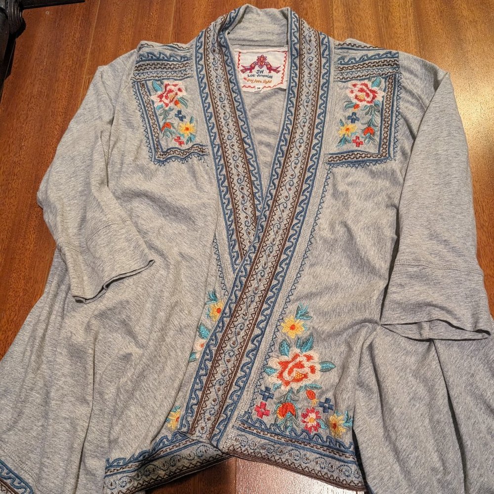 Johnny Was Gray Waterfall Wrap Open Cardigan with Colorful Floral Embroidered